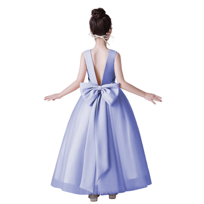 Dideyttawl Big Bow V-Back Satin Tulle Flower Girl Dress with Pearls Puffy Princess Ball Gown