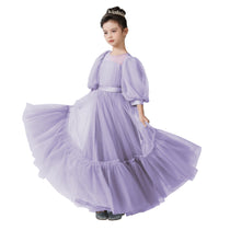 Dideyttawl Girls Dusty Blue Princess Dress Long Sleeve Tulle Ball Gown for Wedding Party