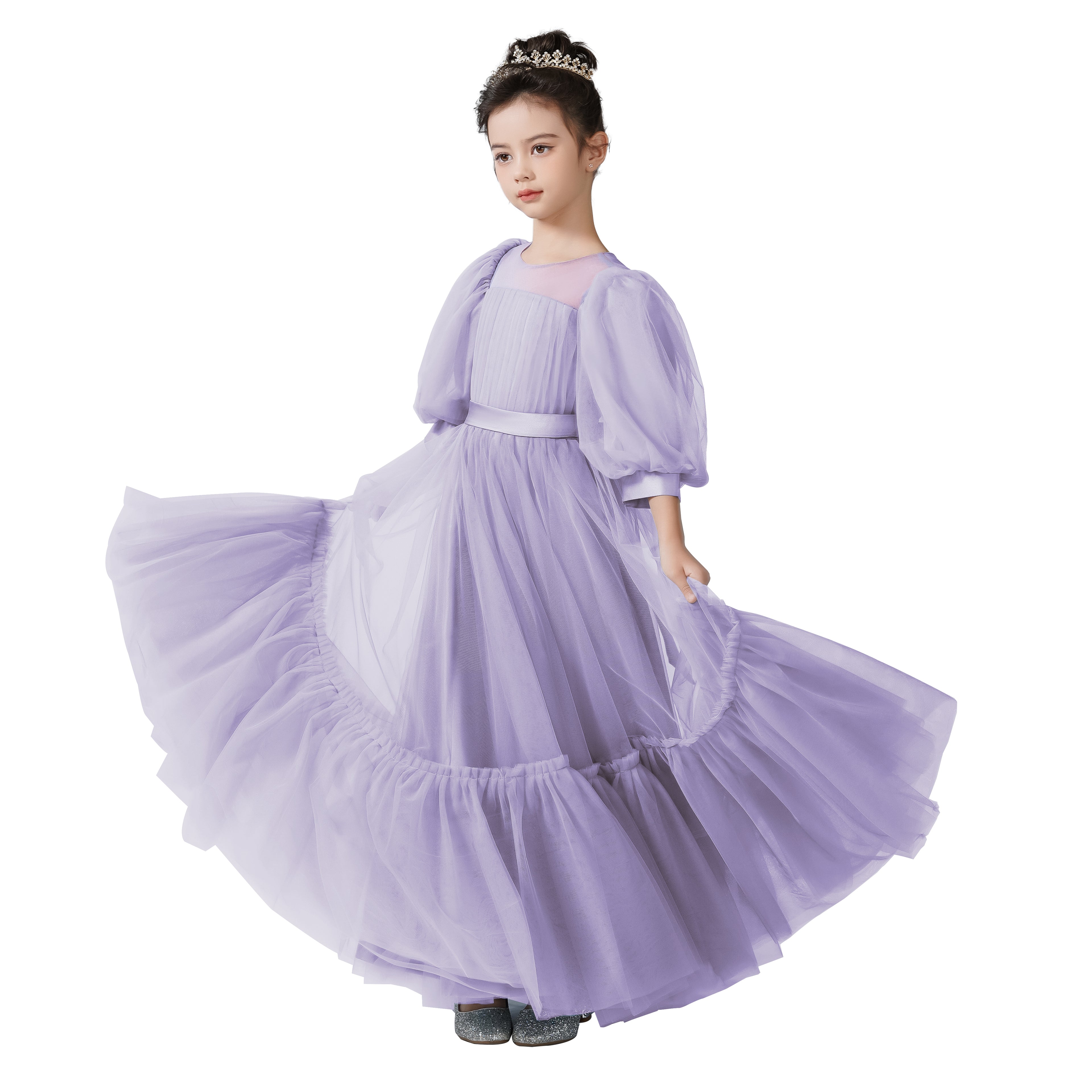 Dideyttawl Girls Dusty Blue Princess Dress Long Sleeve Tulle Ball Gown for Wedding Party