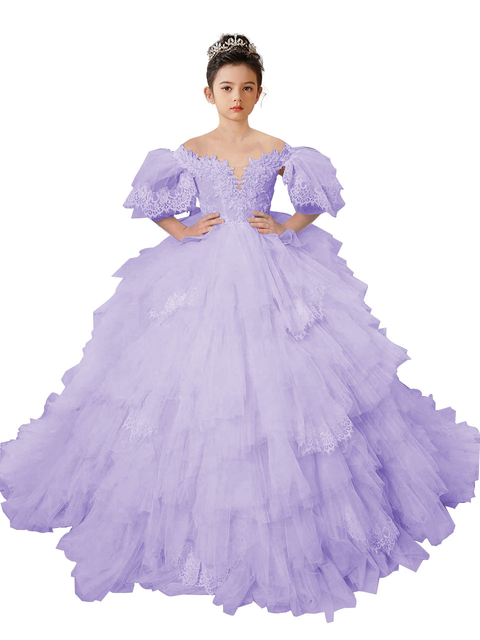 Flower Girl Dresses Lace Appliqued Puffy Sleeves Floor Length Long Train Princess Dresses