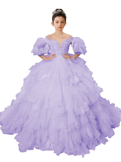 Flower Girl Dresses Lace Appliqued Puffy Sleeves Floor Length Long Train Princess Dresses