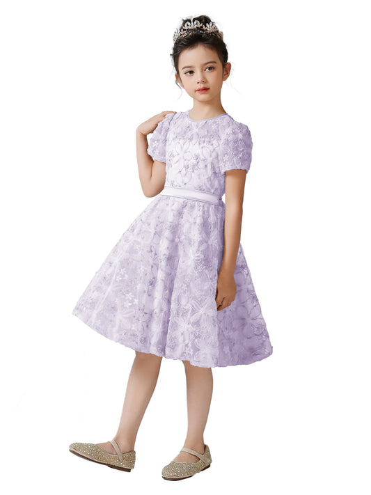 Dideyttawl 2026 Spring 3D Flowers Embroidery Lace Appliqued Puff Tulle Short Wedding Guest Dress for Girls Puffy Sleeves Girls Birthday Party Dress