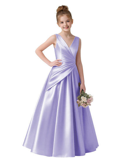 dideyttawl 2026 Pleated Satin Flower Girl Dress Junior Bridesmaid Dress Sleeveless A Line V-Neck Prom Ball Gown 2786