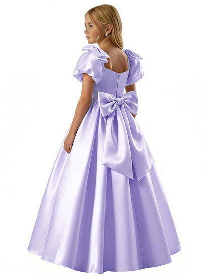 dideyttawl 2026 Satin Flower Girl Dress A Line Big Bow Long Prom Princess Ball Gown Puff Sleeves Junior Bridesmaid Dress 2773