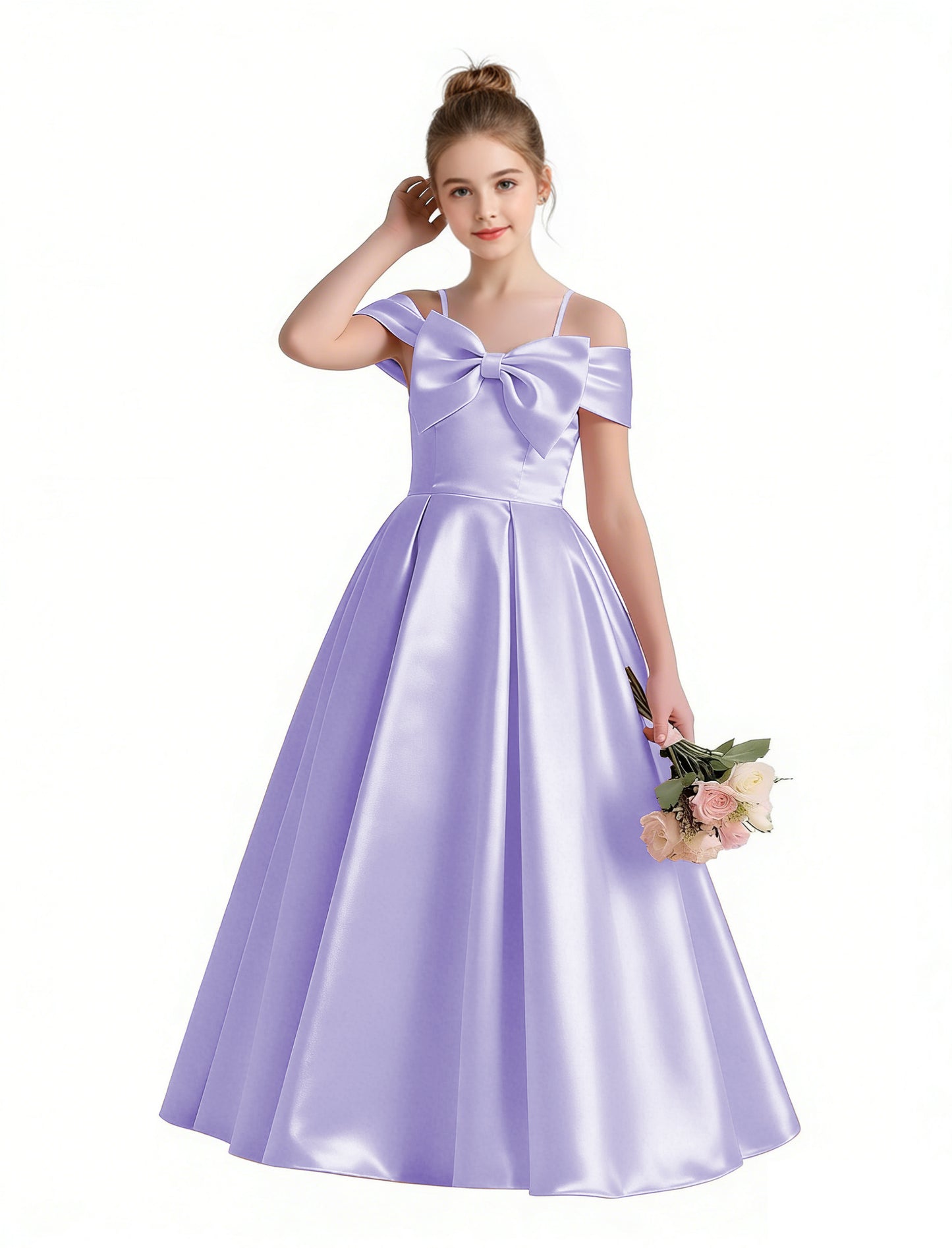 dideyttawl 2026 Off Shoulder Flower Girl Dress Big Bow Junior Bridesmaid Dress A-Line Sleeveless Prom Ball Gown 2790