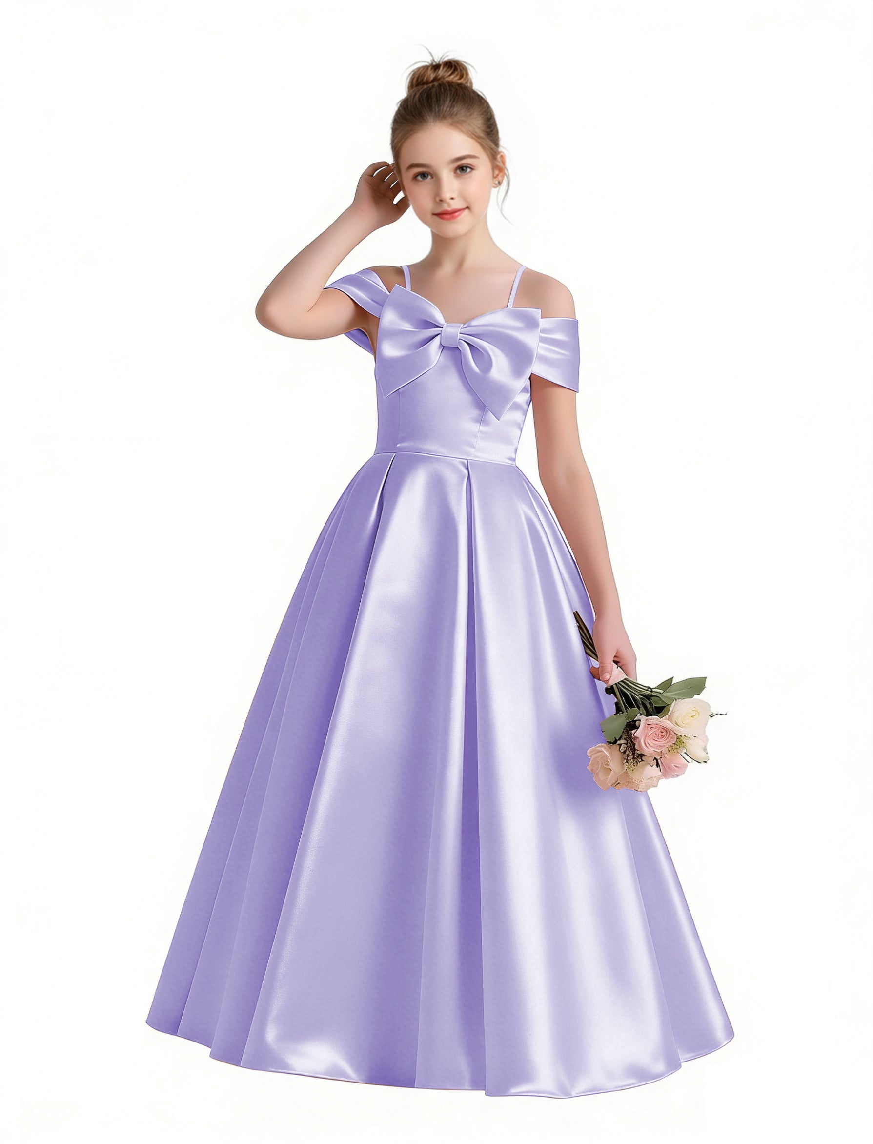 Dideyttawl White Girls Formal Dress Off-the-Shoulder Satin Ball Gown