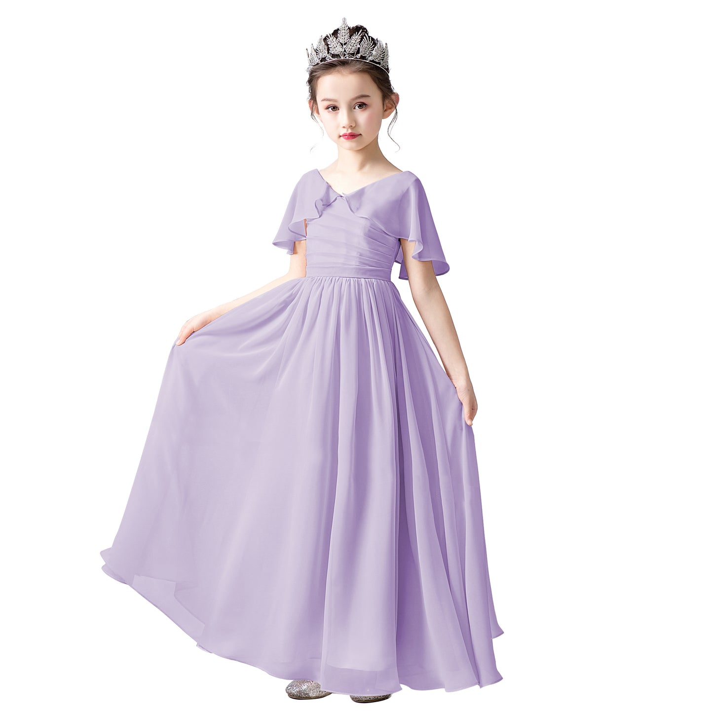 Chiffon Flower Girls Dress Cap Sleeves Junior Bridesmaid Dress for Girls 4-16 Special Occasion Dress for Wedding