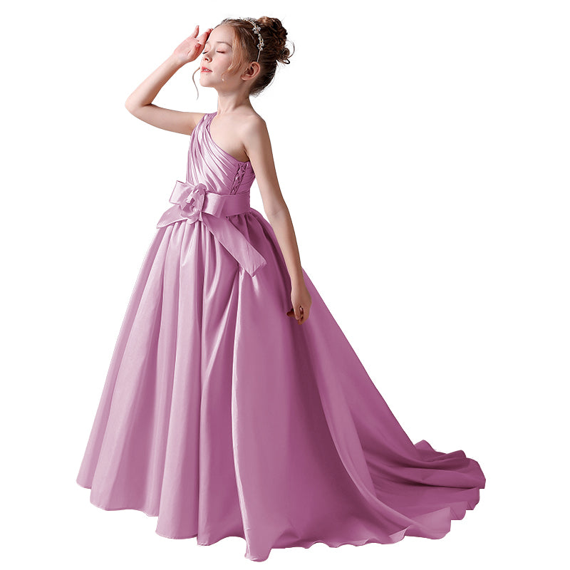 Dideyttawl Flower Girls Pageant Dresses One Shoulder Sleeveless Formal Satin Dress for Wedding Guest Princess Ball Gown Flower Belt Dress