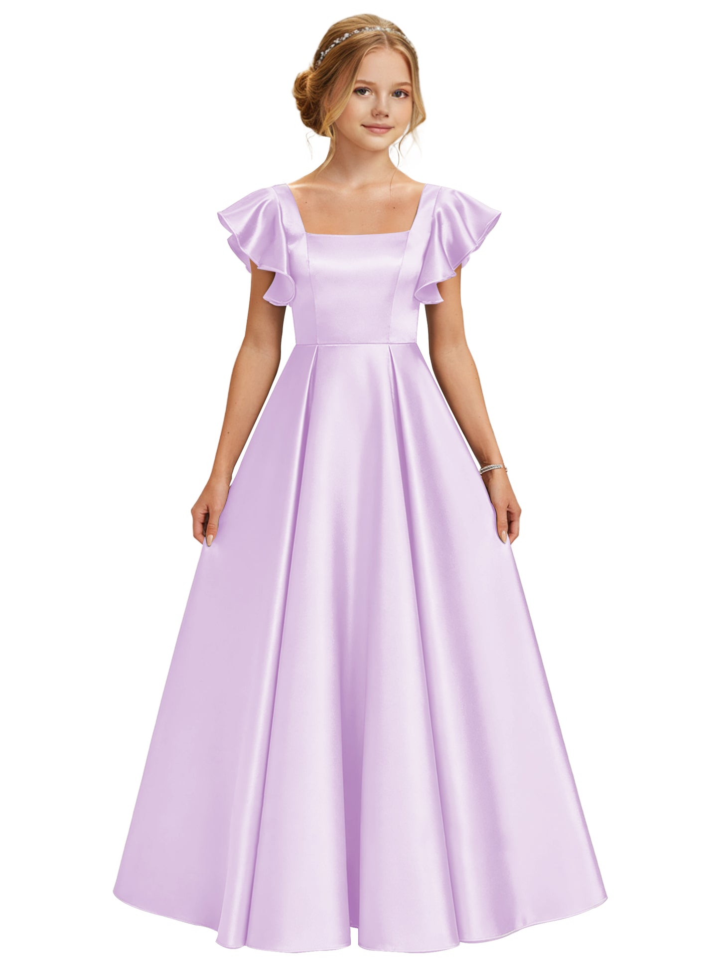 dideyttawl 2026 Girls Satin Prom Ball Gown Princess Dress Maxi Ruffle Sleeve Junior Bridesmaid Flower Girl Dresses 2546