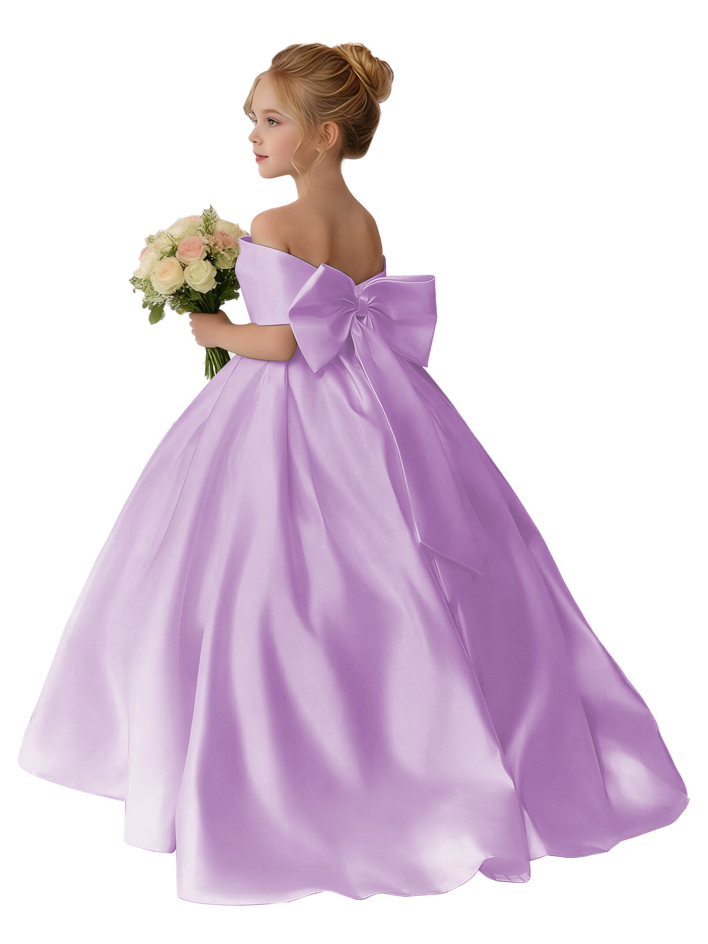 Dideyttawl Satin Flower Girl Dress A Line Off Shoulder Formal Ball Gown Bow Back