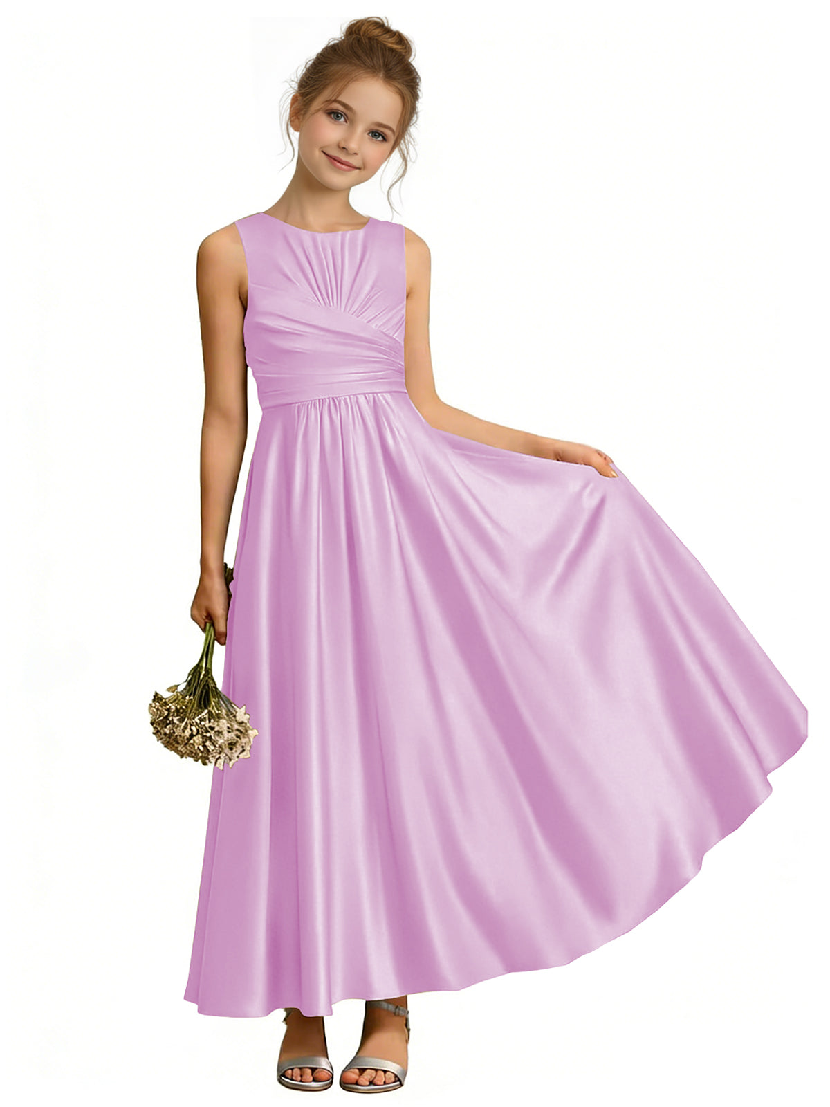 dideyttawl Satin A-Line Junior Bridesmaid Dresses Pleated Girls Special Occasion Gown