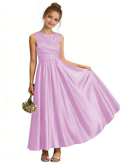 dideyttawl Satin A-Line Junior Bridesmaid Dresses Pleated Girls Special Occasion Gown