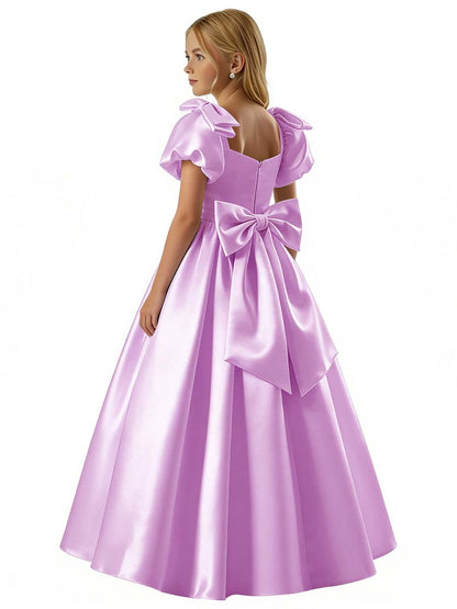 dideyttawl 2026 Satin Flower Girl Dress A Line Big Bow Long Prom Princess Ball Gown Puff Sleeves Junior Bridesmaid Dress 2773