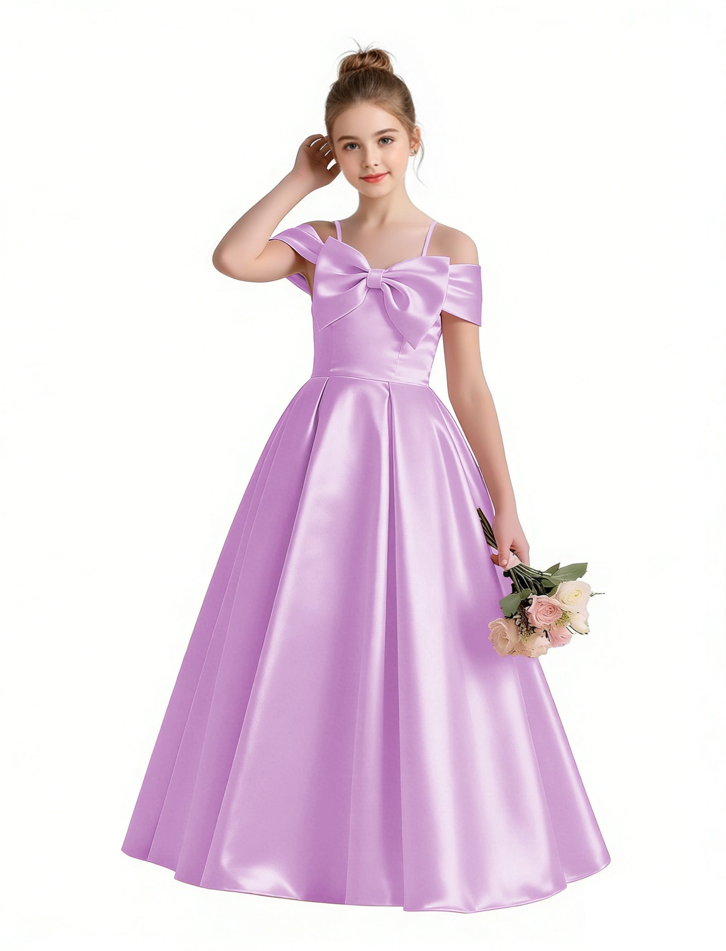 dideyttawl 2026 Off Shoulder Flower Girl Dress Big Bow Junior Bridesmaid Dress A-Line Sleeveless Prom Ball Gown 2790