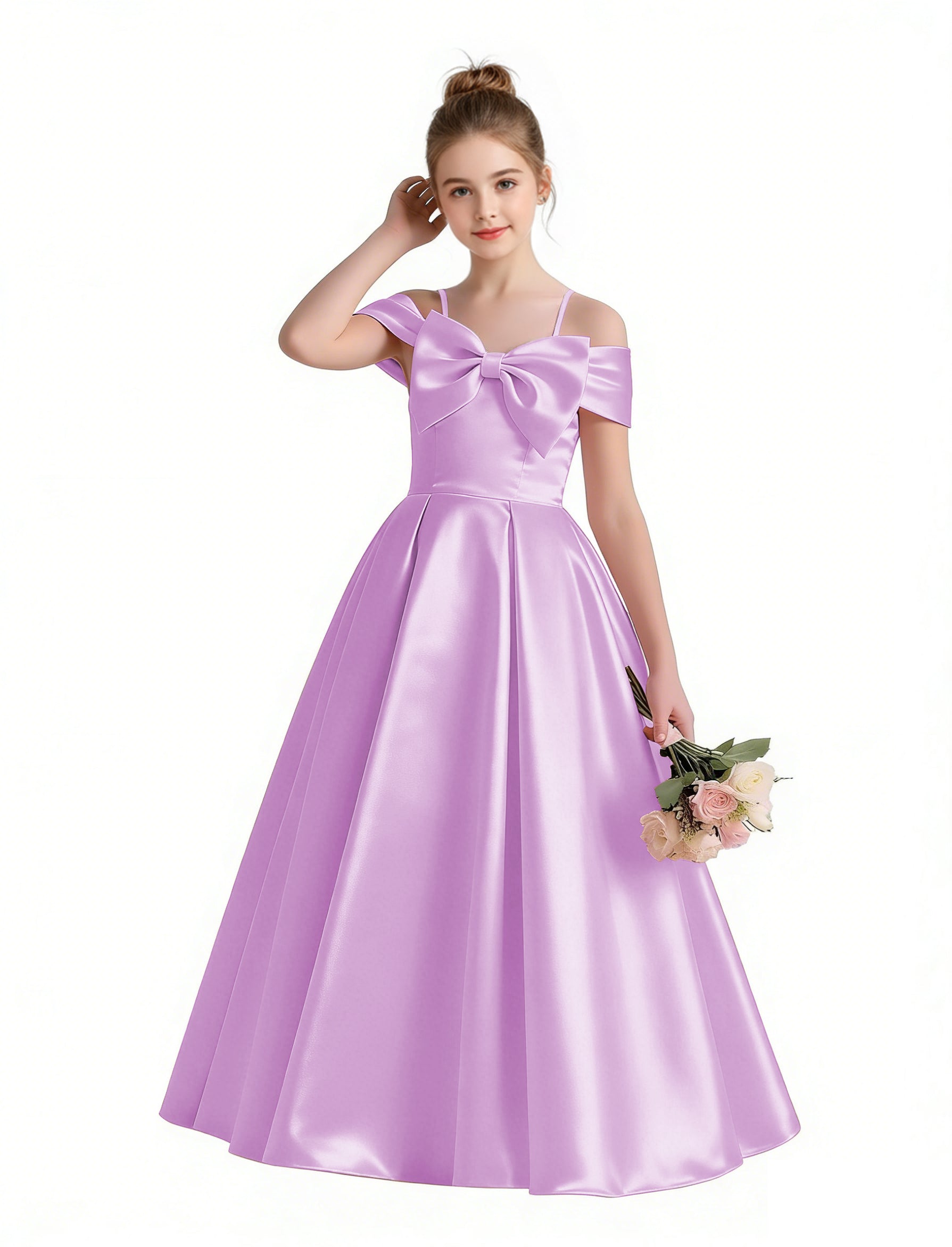 Dideyttawl White Girls Formal Dress Off-the-Shoulder Satin Ball Gown