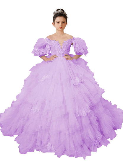 Flower Girl Dresses Lace Appliqued Puffy Sleeves Floor Length Long Train Princess Dresses