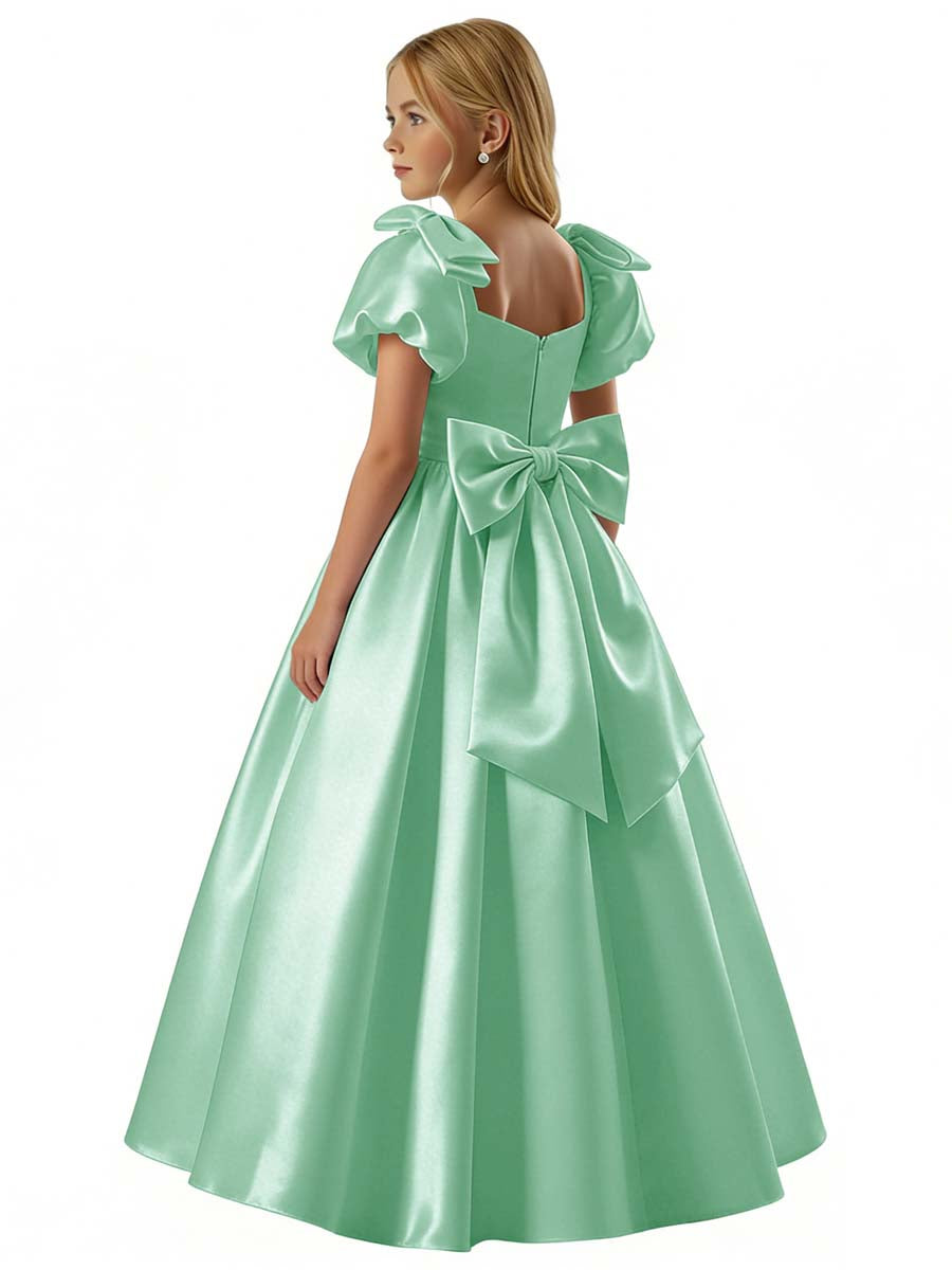 dideyttawl 2026 Satin Flower Girl Dress A Line Big Bow Long Prom Princess Ball Gown Puff Sleeves Junior Bridesmaid Dress 2773