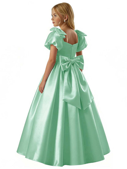 dideyttawl 2026 Satin Flower Girl Dress A Line Big Bow Long Prom Princess Ball Gown Puff Sleeves Junior Bridesmaid Dress 2773