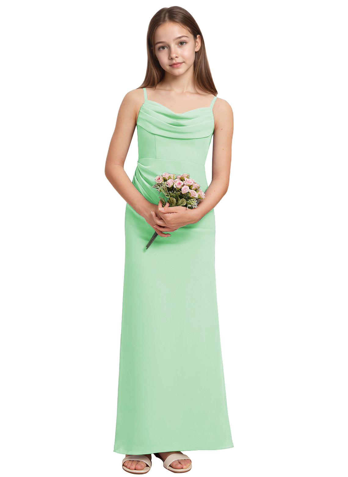 dideyttawl Long Sheathe Junior Bridesmaid Dresses for Girls Chiffon A-Line Ruched Cowl Neck Wedding Flower Girls Dress 2512