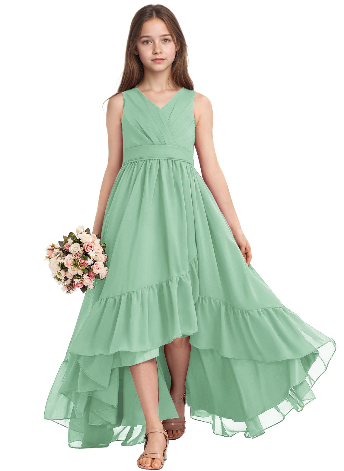 dideyttawl A-Line High Low Flower Girls Dress Long V-Neck Junior Bridesmaid Dresses for Teens Pleated Chiffon 2511