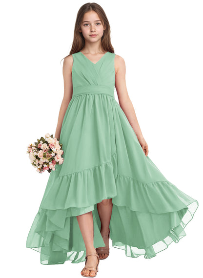 dideyttawl A-Line High Low Flower Girls Dress Long V-Neck Junior Bridesmaid Dresses for Teens Pleated Chiffon 2511