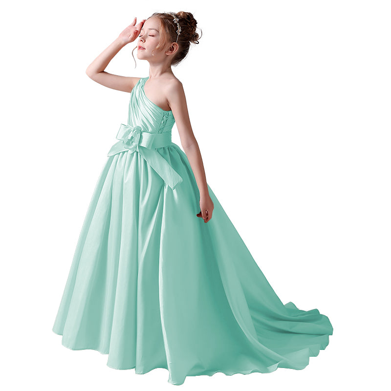Dideyttawl Flower Girls Pageant Dresses One Shoulder Sleeveless Formal Satin Dress for Wedding Guest Princess Ball Gown Flower Belt Dress