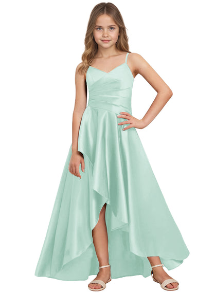 dideyttawl High Low Junior Bridesmaid Dress V-Neck Silk Satin Flower Girl Dress Sleeveless Formal Special Occasion Dress for Wedding 2523