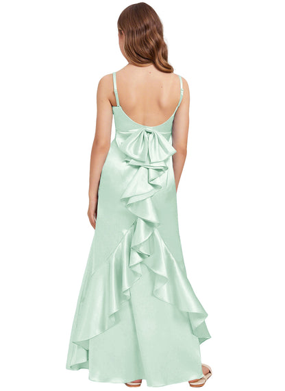 dideyttawl Mermaid Junior Bridesmaid Dress with Slit V-Neck Ruffles Bow Stretch Satin Flower Girl Dress Sleeveless Formal Special Occasion Dress for Wedding 2522