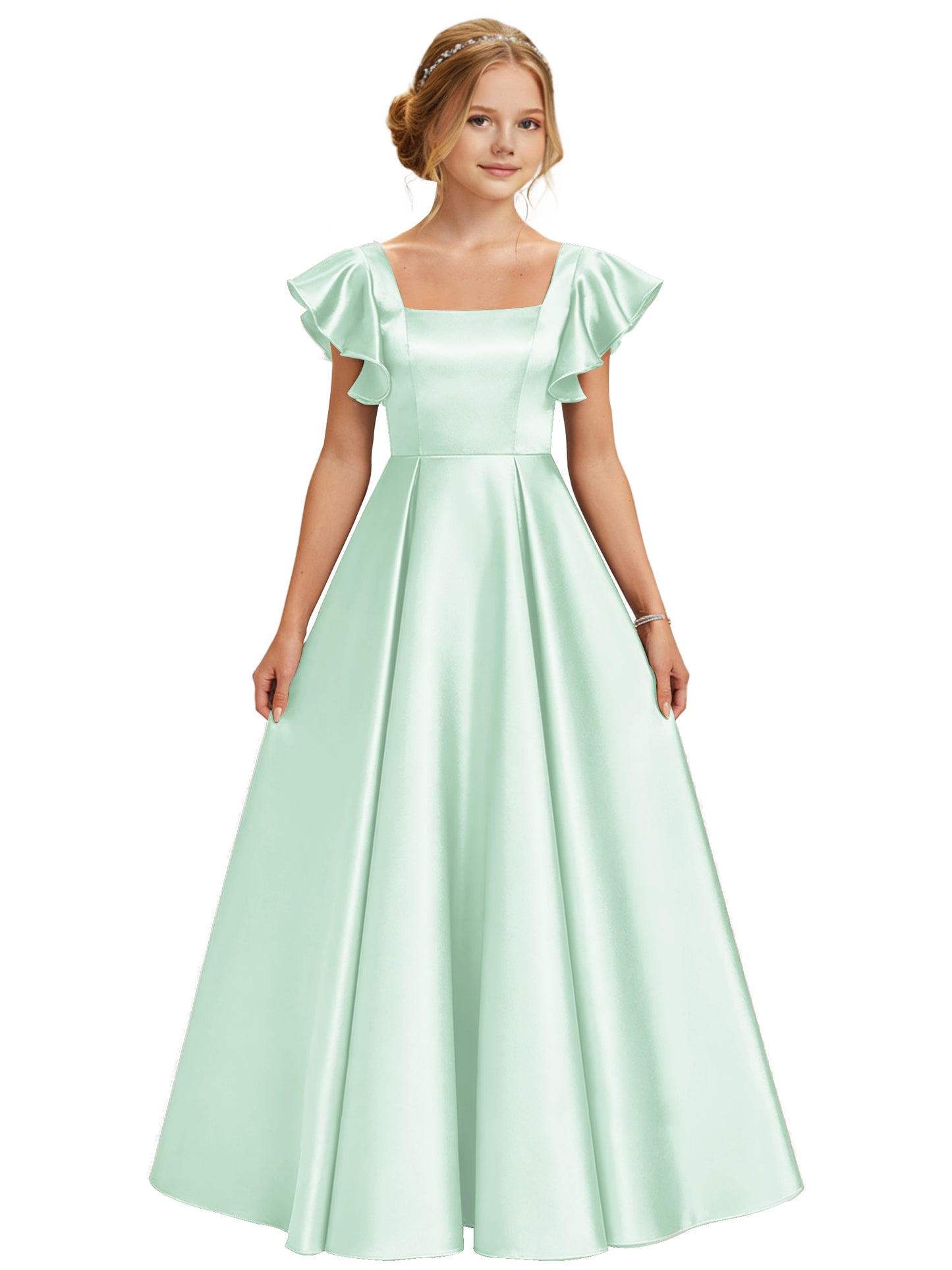 dideyttawl 2026 Girls Satin Prom Ball Gown Princess Dress Maxi Ruffle Sleeve Junior Bridesmaid Flower Girl Dresses 2546
