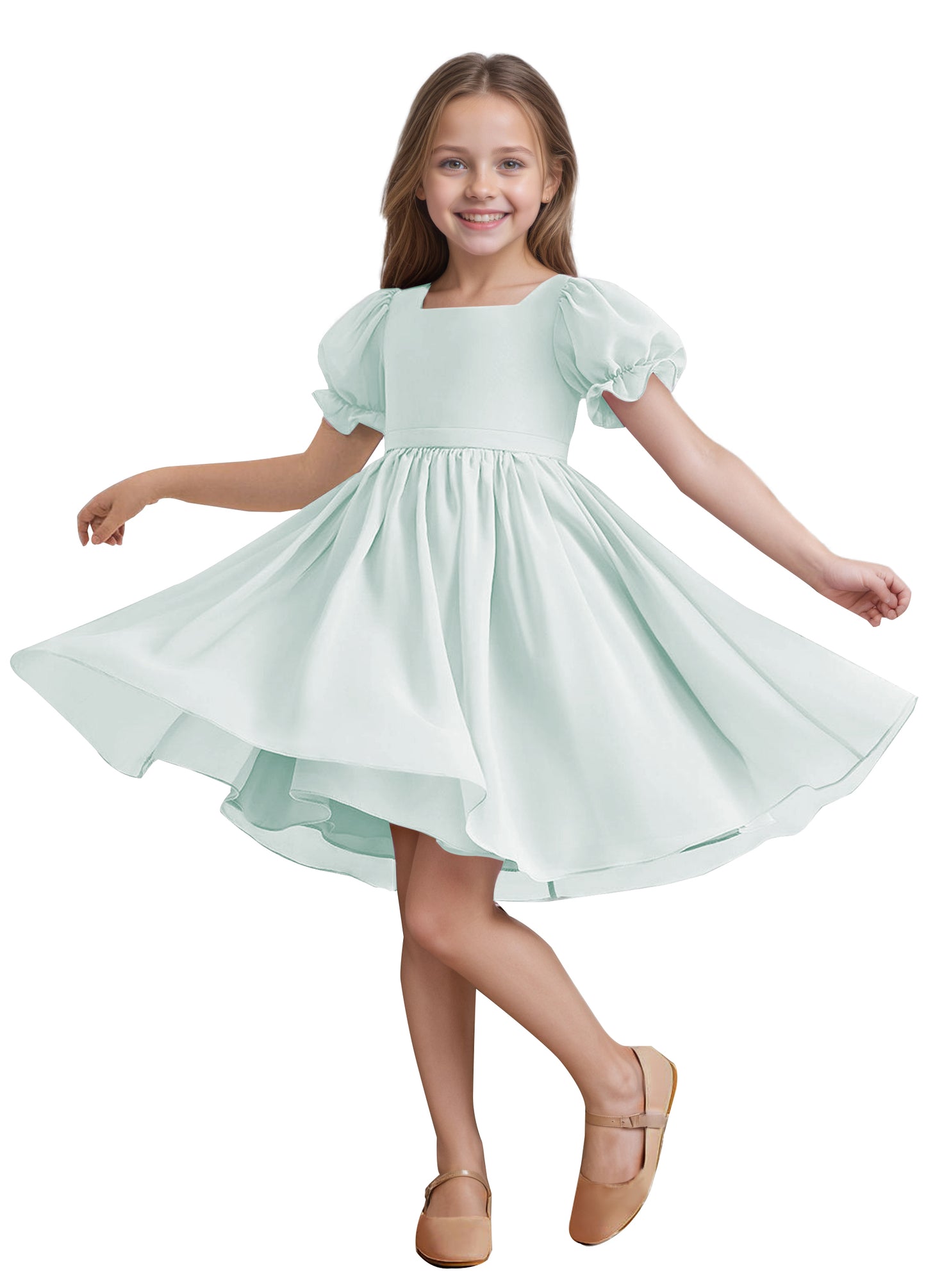 Chiffon Short Sleeves Flower Girl Dresses Knee Length Junior Bridesmaid Dresses for 4-16 650C