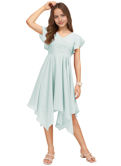 Chiffon Short Junior Bridesmaid Dresses Knee Length Flutter Sleeves Flower Girl Dresses for 4-16 2505