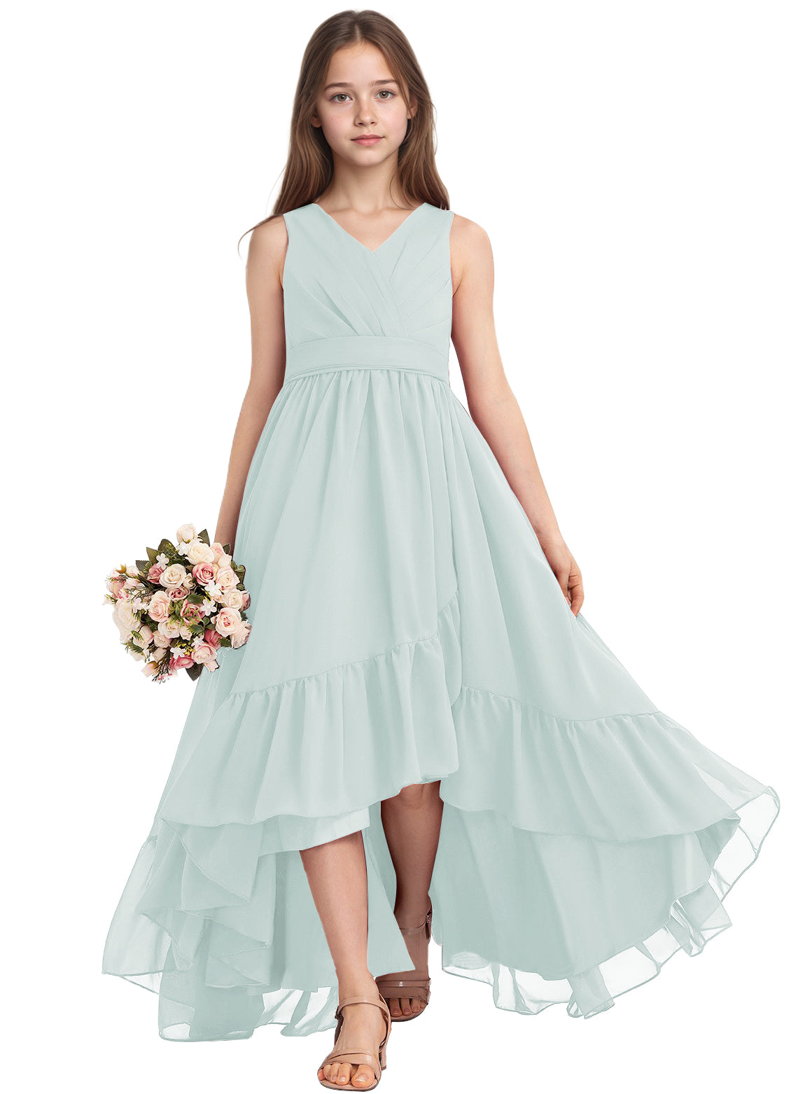 dideyttawl A-Line High Low Flower Girls Dress Long V-Neck Junior Bridesmaid Dresses for Teens Pleated Chiffon 2511