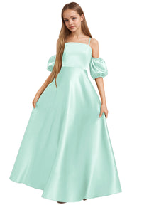 Dideyttawl Cold Shoulder Junior Bridesmaid Dress Satin Girls Pageant Gown 2525