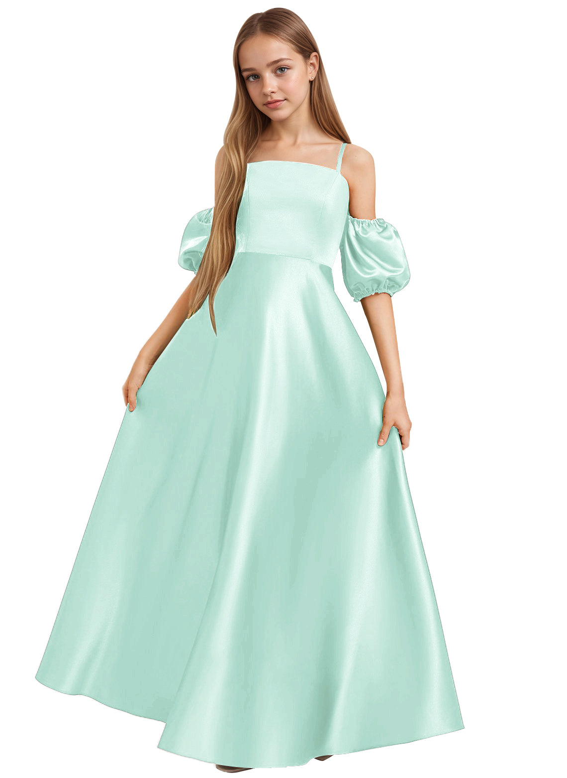 Dideyttawl Cold Shoulder Junior Bridesmaid Dress Satin Girls Pageant Gown 2525