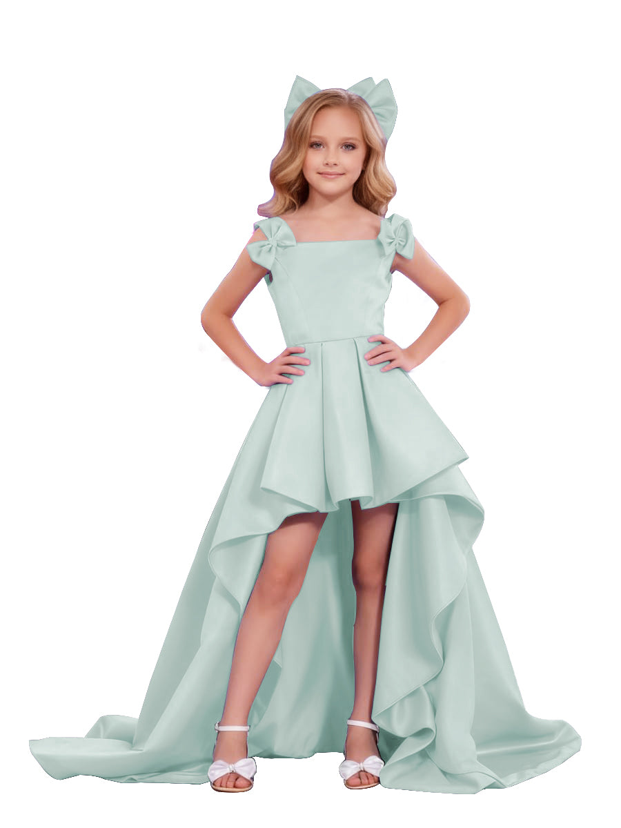 dideyttawl High-Low Junior Bridesmaid Dresses for Girls Pleated Satin A-Line Bow Straps Pageant Formal Party Dress 2536