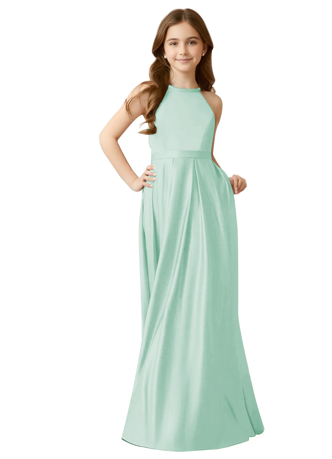 dideyttawl A-Line Junior Bridesmaid Dresses Halter Flower Girls Dress Satin Adjustable Straps Formal Gown 2532