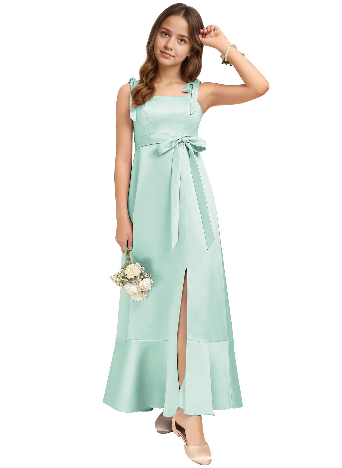 dideyttawl Junior Bridesmaid Dresses for Teens Silk Satin Adjustable Straps Flower Girl Dress with Slit 2529