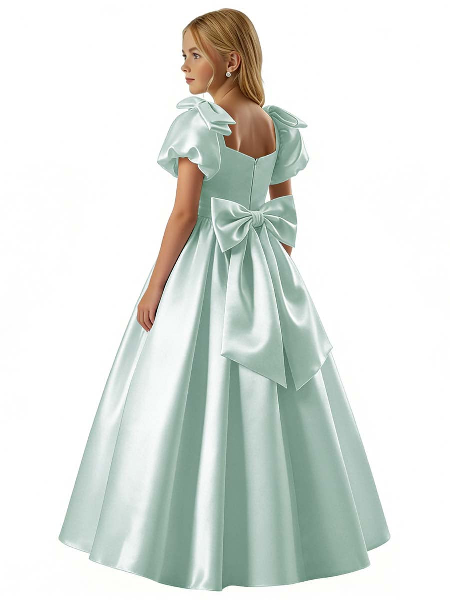 dideyttawl 2026 Satin Flower Girl Dress A Line Big Bow Long Prom Princess Ball Gown Puff Sleeves Junior Bridesmaid Dress 2773