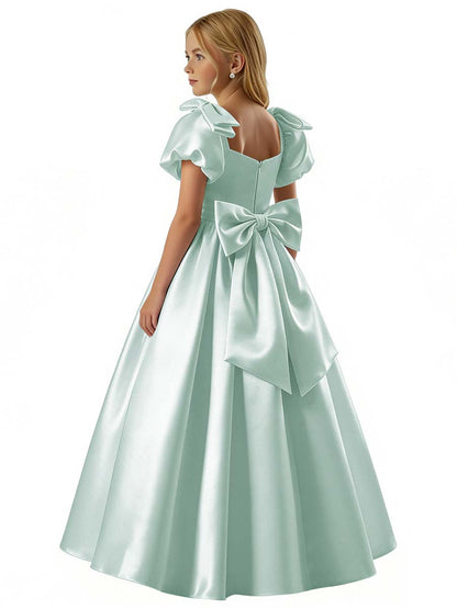 dideyttawl 2026 Satin Flower Girl Dress A Line Big Bow Long Prom Princess Ball Gown Puff Sleeves Junior Bridesmaid Dress 2773