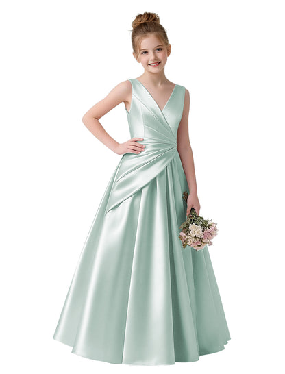 dideyttawl 2026 Pleated Satin Flower Girl Dress Junior Bridesmaid Dress Sleeveless A Line V-Neck Prom Ball Gown 2786