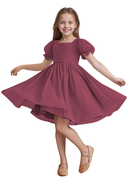 Chiffon Short Sleeves Flower Girl Dresses Knee Length Junior Bridesmaid Dresses for 4-16 650C