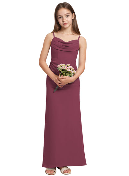 dideyttawl Long Sheathe Junior Bridesmaid Dresses for Girls Chiffon A-Line Ruched Cowl Neck Wedding Flower Girls Dress 2512