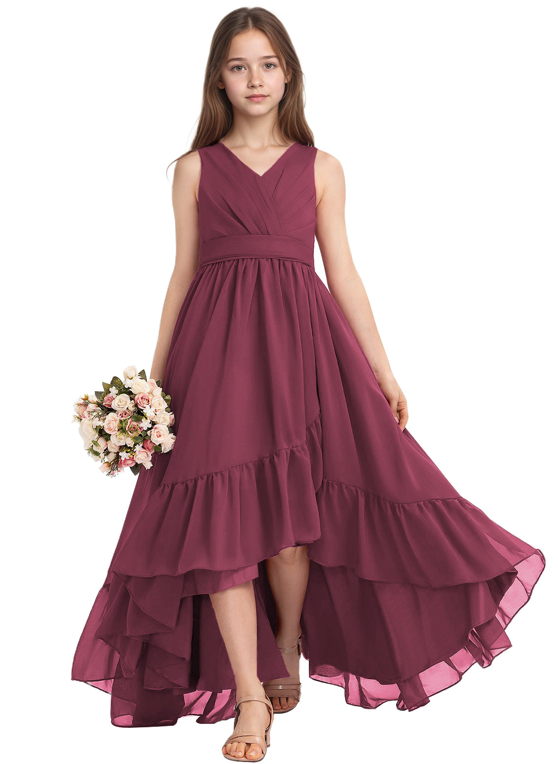 dideyttawl A-Line High Low Flower Girls Dress Long V-Neck Junior Bridesmaid Dresses for Teens Pleated Chiffon 2511