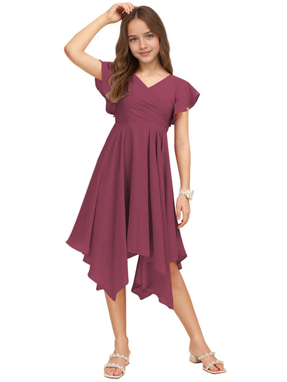 Dideyttawl Dusty Rose Junior Bridesmaid Chiffon Flutter Sleeve A-Line Dress