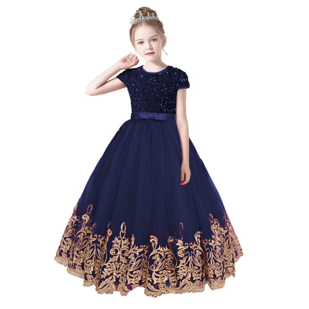 Flower Girls Dress Gold Embroidery Appliqued Puff Tulle Short Sleeves Sequins Party Dress