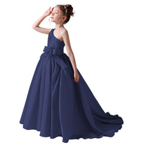 Dideyttawl Flower Girls Pageant Dresses One Shoulder Sleeveless Formal Satin Dress for Wedding Guest Princess Ball Gown Flower Belt Dress
