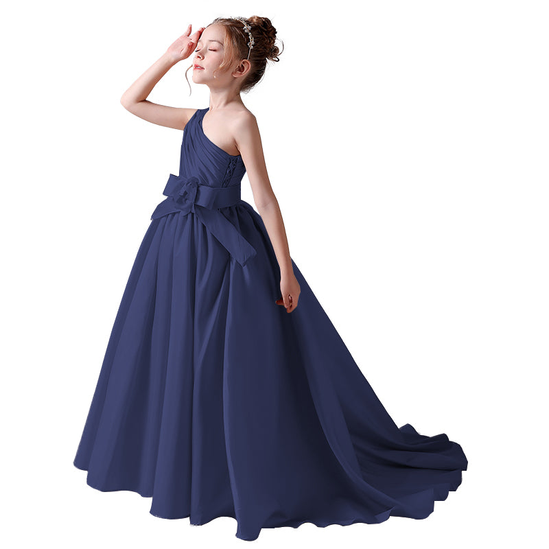 Dideyttawl Flower Girls Pageant Dresses One Shoulder Sleeveless Formal Satin Dress for Wedding Guest Princess Ball Gown Flower Belt Dress