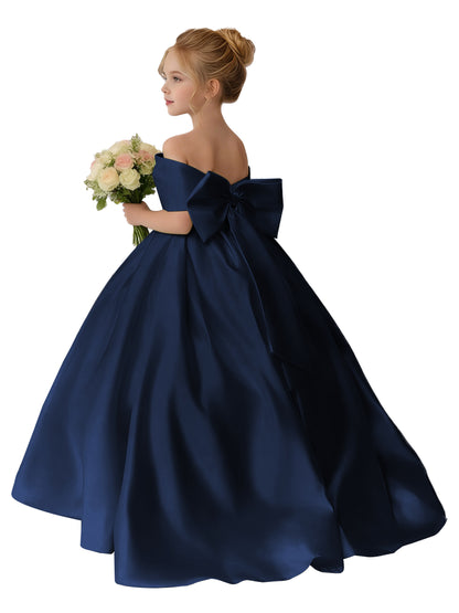 Dideyttawl Satin Flower Girl Dress A Line Off Shoulder Formal Ball Gown Bow Back