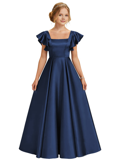 dideyttawl 2026 Girls Satin Prom Ball Gown Princess Dress Maxi Ruffle Sleeve Junior Bridesmaid Flower Girl Dresses 2546