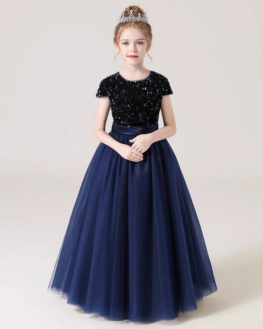 Navy Blue Tulle A-line Girls Formal Dress Front View